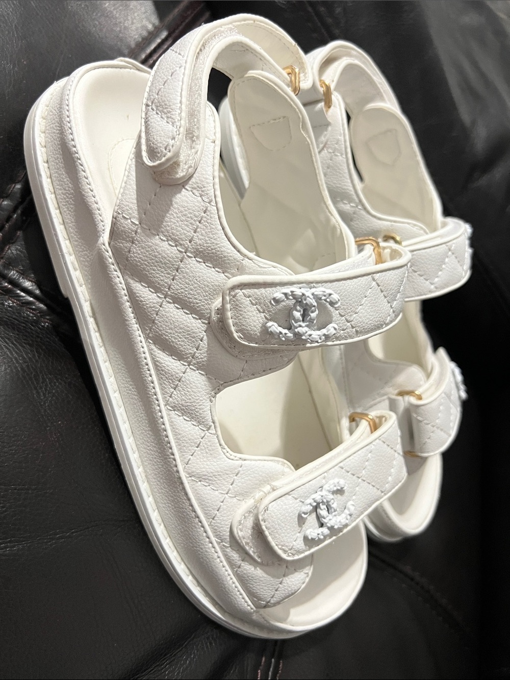 Fashion White Quilted Logo Strap Sandals - Picture 3 of 11